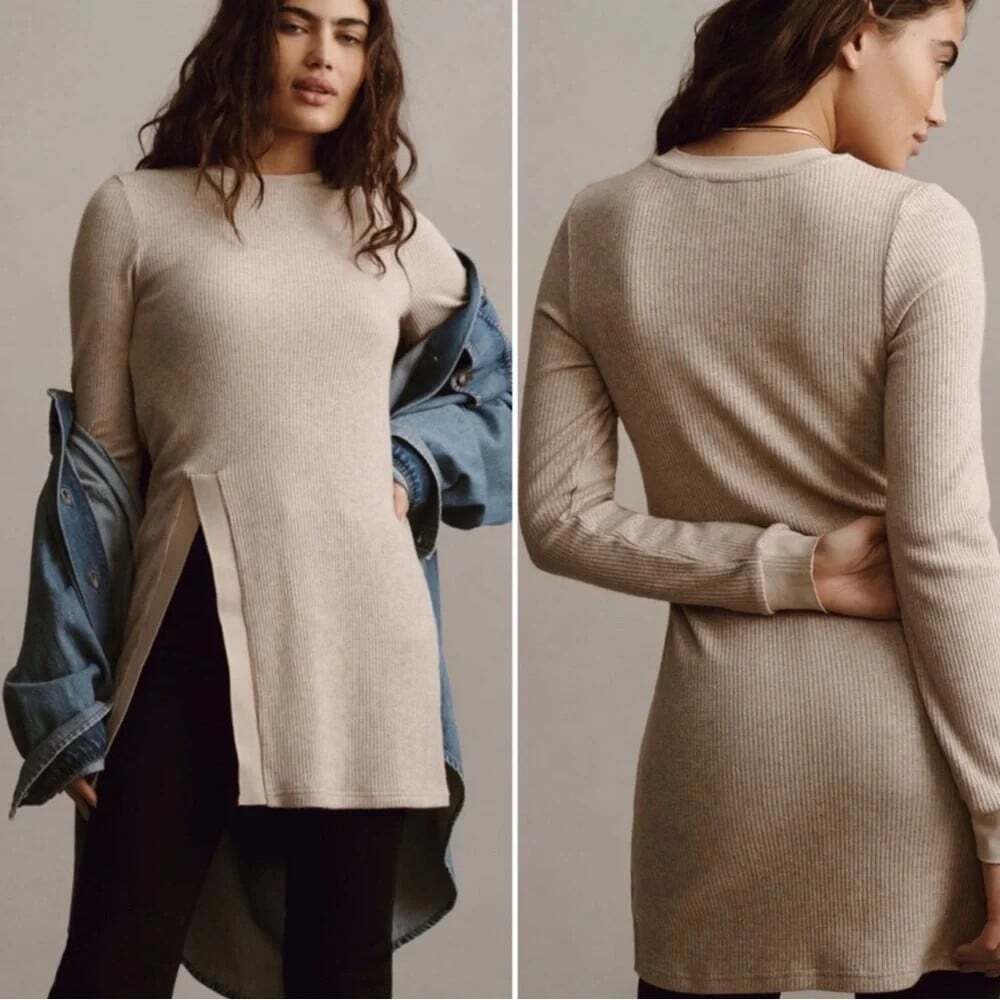 Anthropologie Self Contrast Split Tunic Sweater Size XL Beige Metallic Neutral